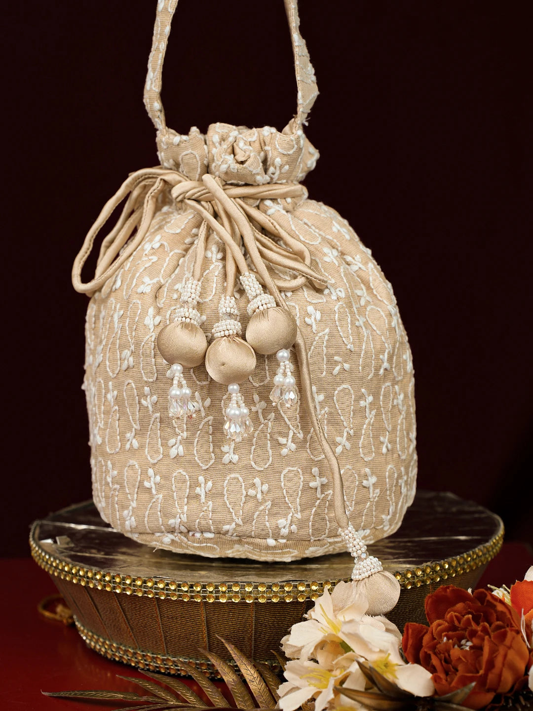 Ada Hand Embroidered Fawn Tissue Lucknowi Chikankari Potli Bag 01A797325