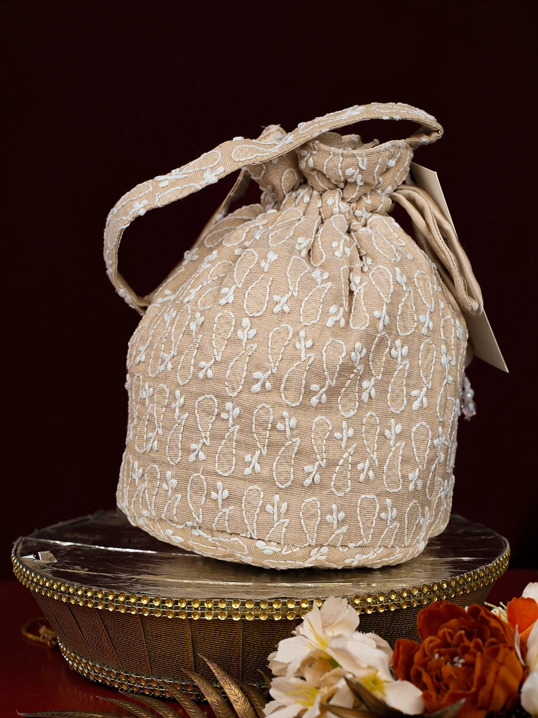 Ada Hand Embroidered Fawn Tissue Lucknowi Chikankari Potli Bag 01A797325