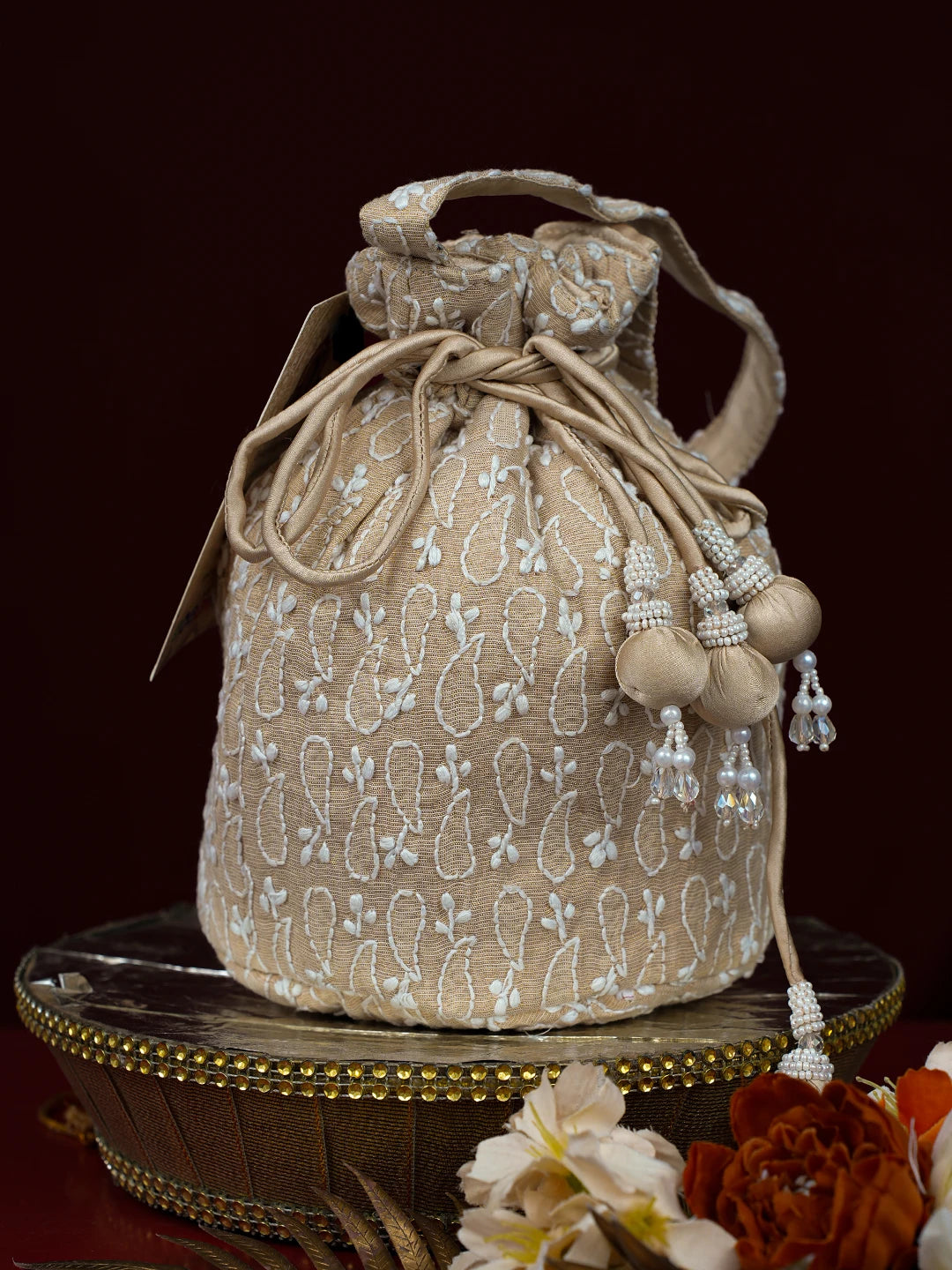 Ada Hand Embroidered Fawn Tissue Lucknowi Chikankari Potli Bag 01A797325