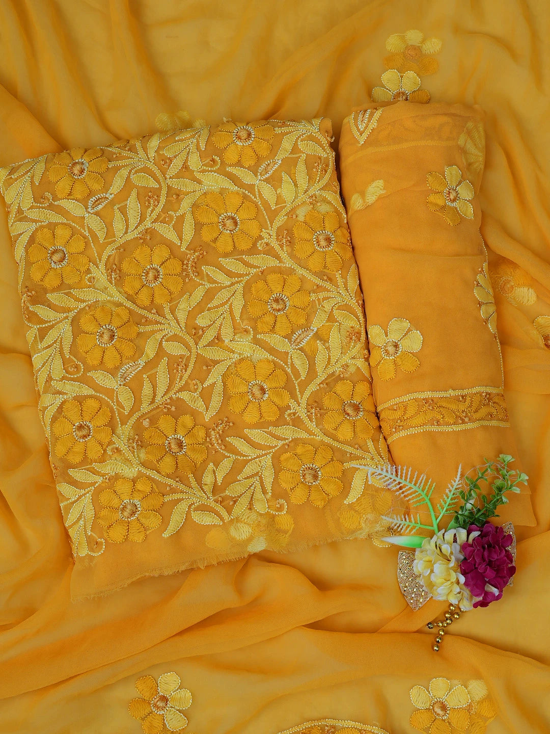 Ada Hand Embroidered Mustard Georgette Lucknowi Chikankari Unstitched Suit Piece 01A779898