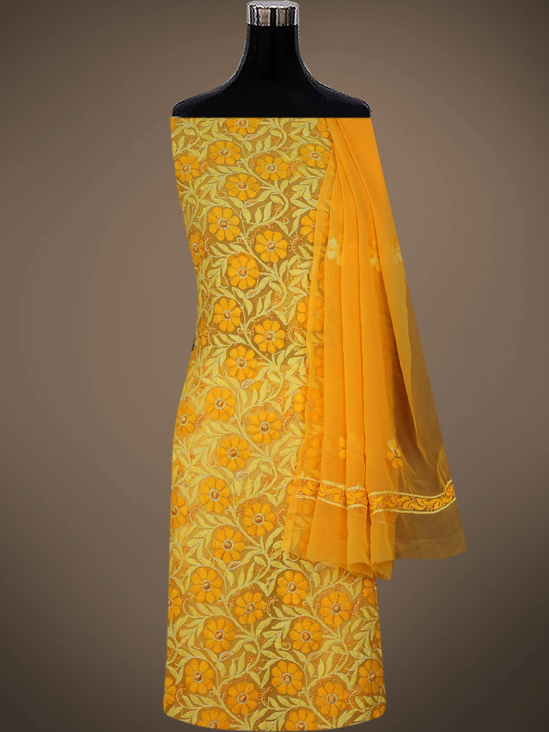 Ada Hand Embroidered Mustard Georgette Lucknowi Chikankari Unstitched Suit Piece 01A779898