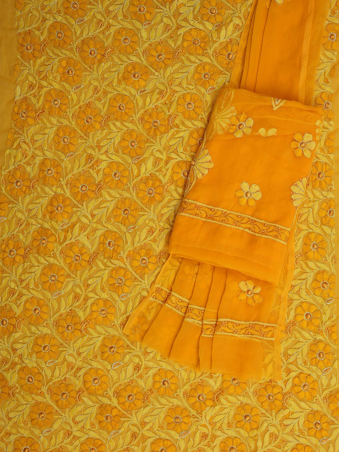Ada Hand Embroidered Mustard Georgette Lucknowi Chikankari Unstitched Suit Piece 01A779898
