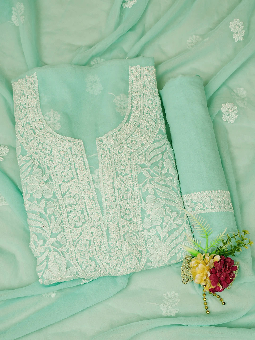 Ada Hand Embroidered Sea Green Georgette Lucknowi Chikankari Unstitched Suit Piece 01A779064