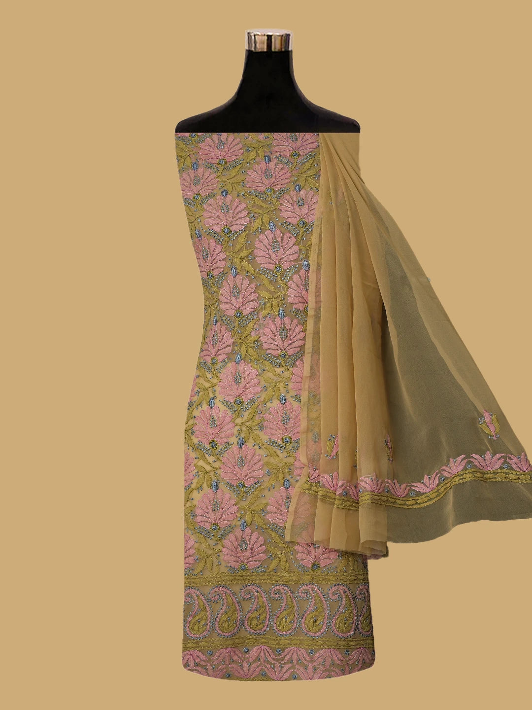 Ada Hand Embroidered Fawn Georgette Lucknowi Chikankari Unstitched Suit Piece 01A799926