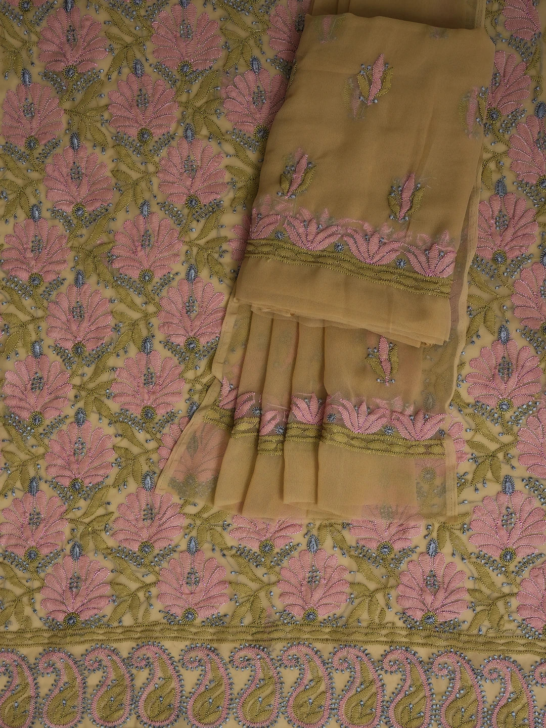 Ada Hand Embroidered Fawn Georgette Lucknowi Chikankari Unstitched Suit Piece 01A799926