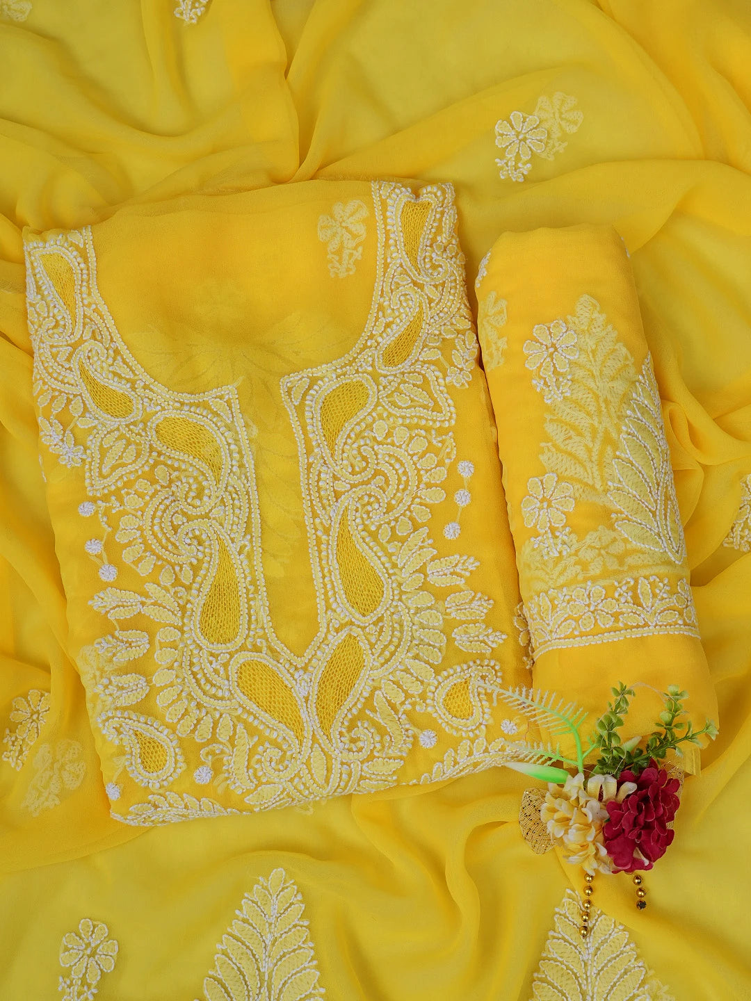 Ada Hand Embroidered Yellow Georgette Lucknowi Chikankari Unstitched Suit Piece 01A760879