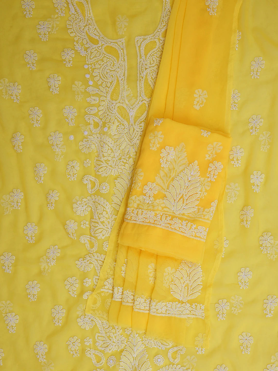 Ada Hand Embroidered Yellow Georgette Lucknowi Chikankari Unstitched Suit Piece 01A760879