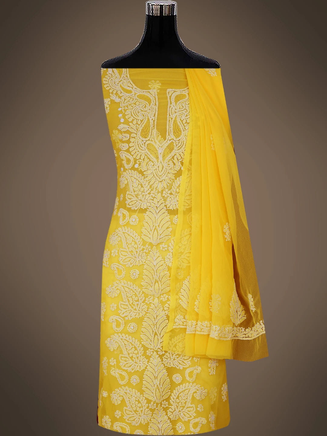 Ada Hand Embroidered Yellow Georgette Lucknowi Chikankari Unstitched Suit Piece 01A760879