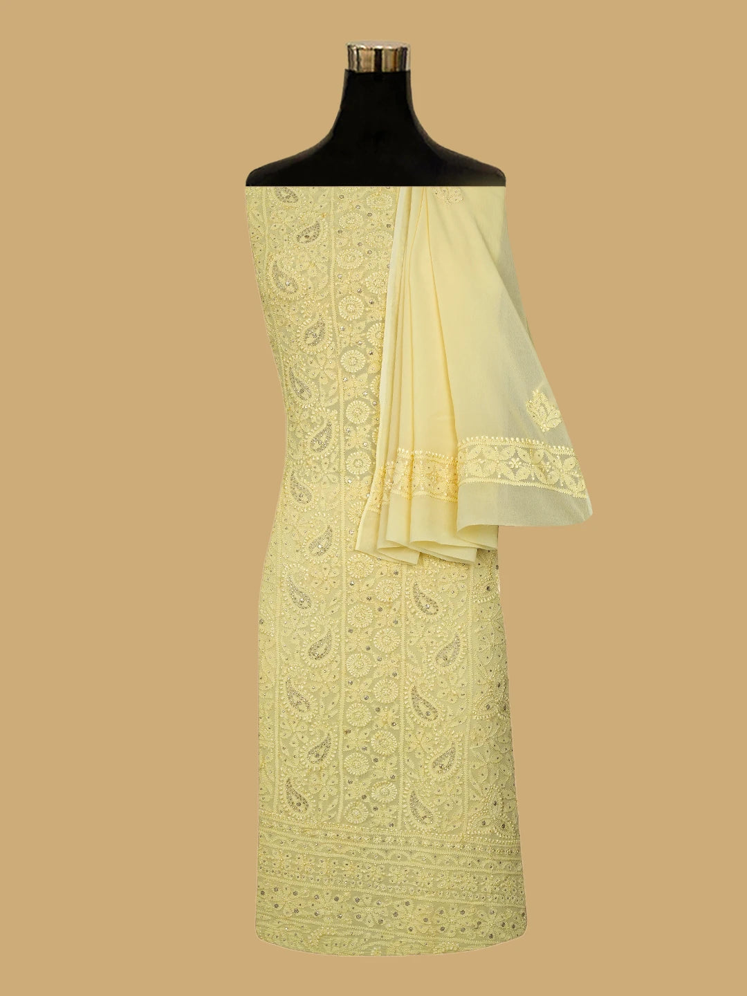 Ada Hand Embroidered Yellow Viscose Georgette Lucknowi Chikankari Unstitched Kurta Dupatta Set With Mukaish Work 01A639596.