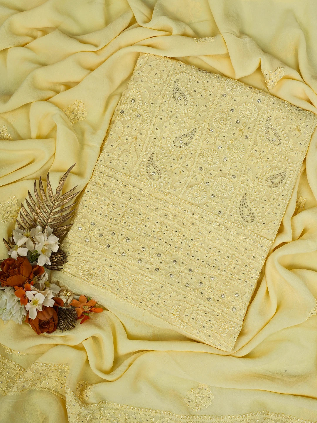 Ada Hand Embroidered Yellow Viscose Georgette Lucknowi Chikankari Unstitched Kurta Dupatta Set With Mukaish Work 01A639596.