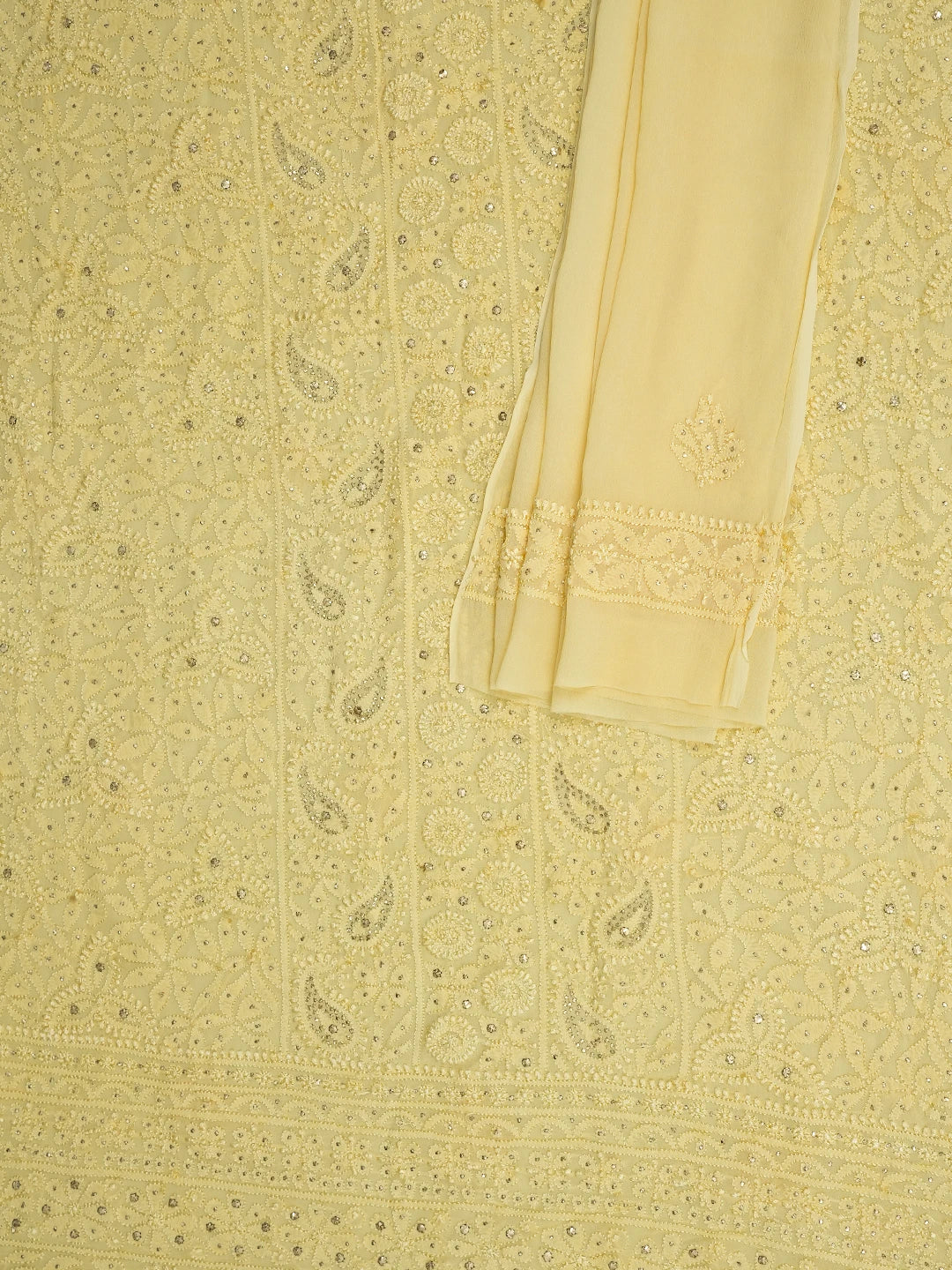 Ada Hand Embroidered Yellow Viscose Georgette Lucknowi Chikankari Unstitched Kurta Dupatta Set With Mukaish Work 01A639596.