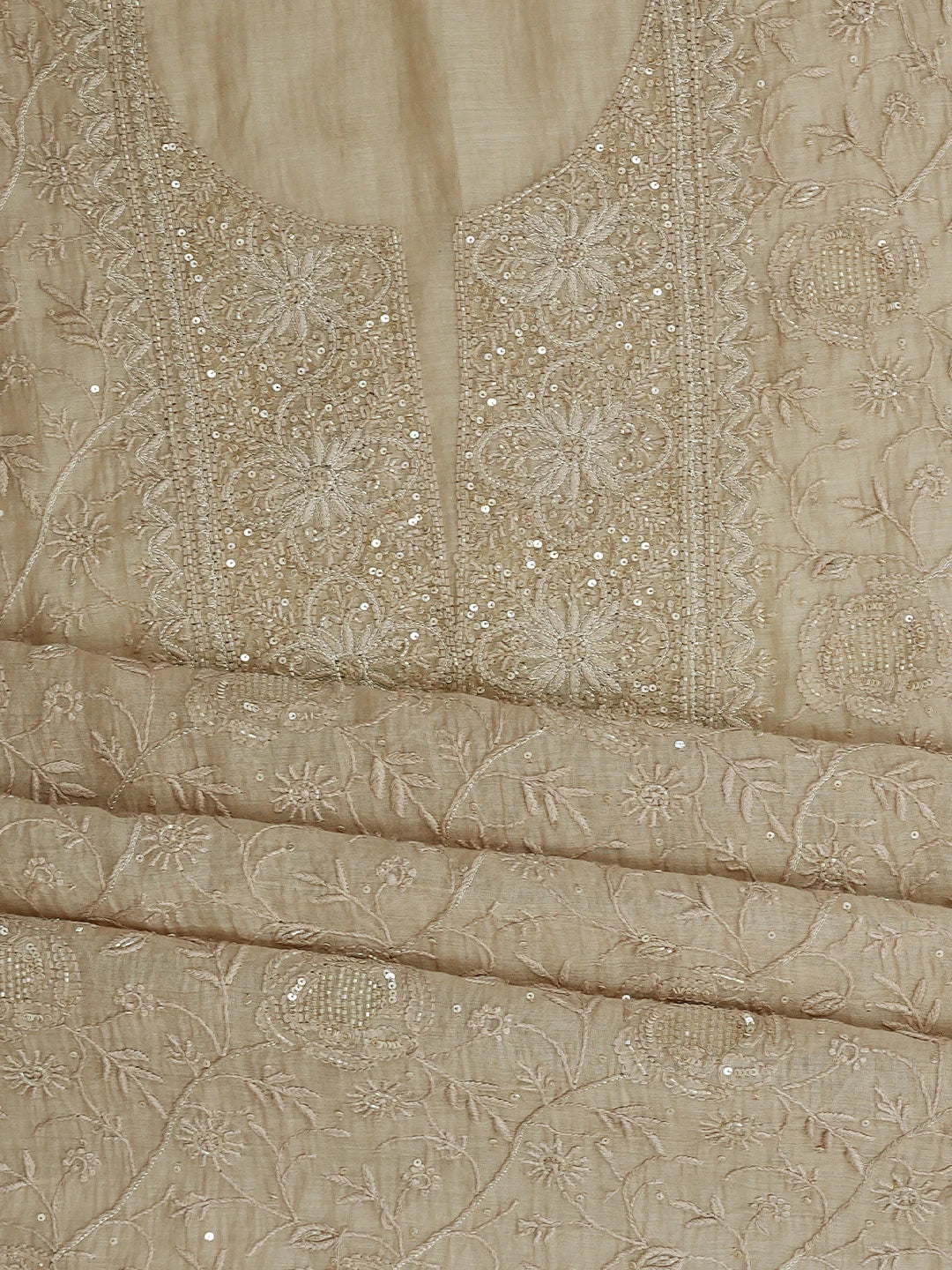 Ada Hand Embroidered Desert Sand Fawn Chanderi Lucknowi Chikankari Unstitched Kurta Dupatta Set With Cutdana Work 01A737925