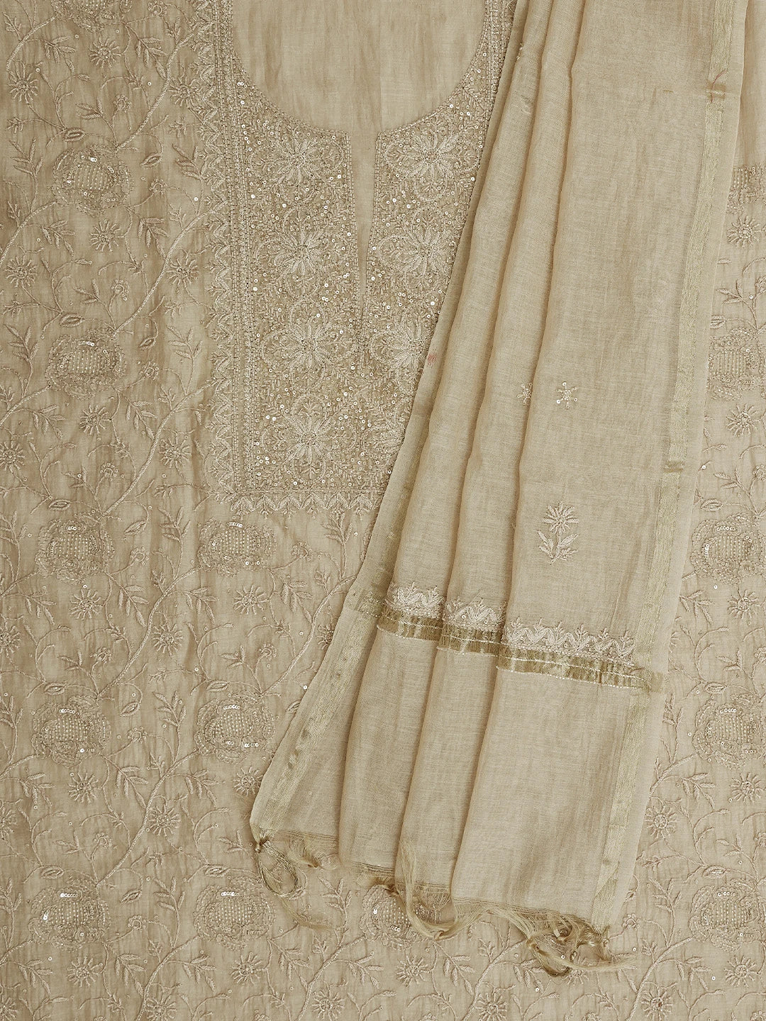 Ada Hand Embroidered Desert Sand Fawn Chanderi Lucknowi Chikankari Unstitched Kurta Dupatta Set With Cutdana Work 01A737925