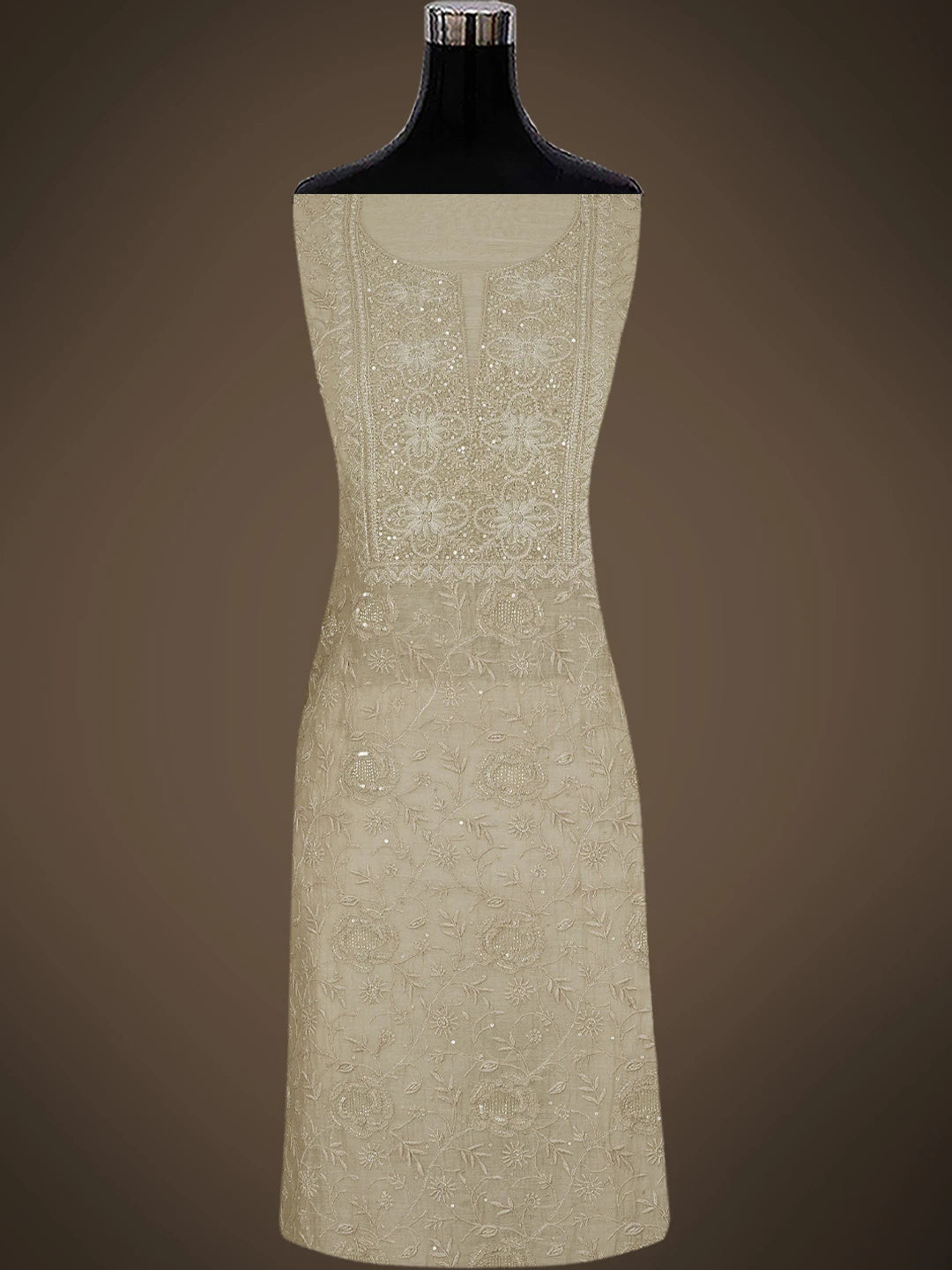 Ada Hand Embroidered Desert Sand Fawn Chanderi Lucknowi Chikankari Unstitched Kurta Dupatta Set With Cutdana Work 01A737925