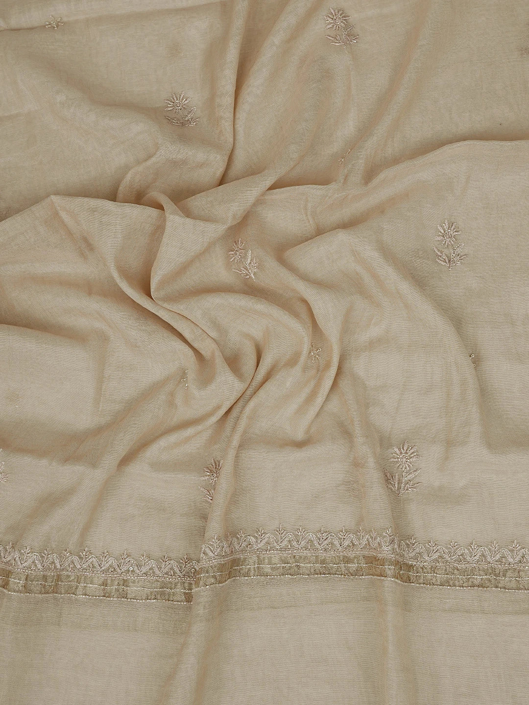 Ada Hand Embroidered Desert Sand Fawn Chanderi Lucknowi Chikankari Unstitched Kurta Dupatta Set With Cutdana Work 01A737925