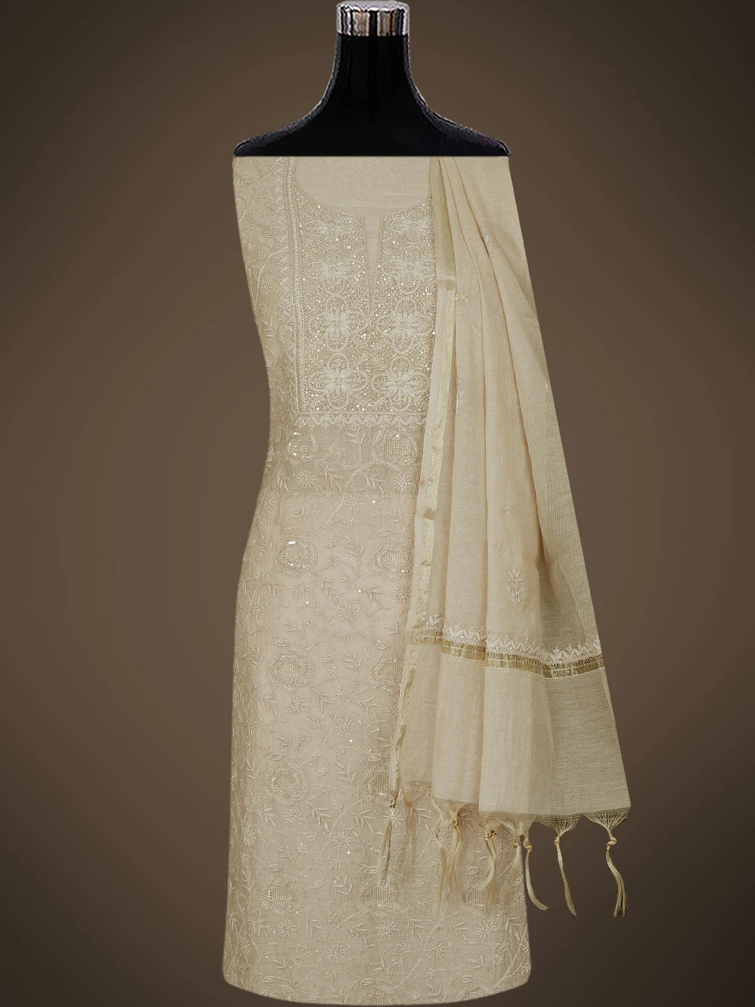 Ada Hand Embroidered Desert Sand Fawn Chanderi Lucknowi Chikankari Unstitched Kurta Dupatta Set With Cutdana Work 01A737925