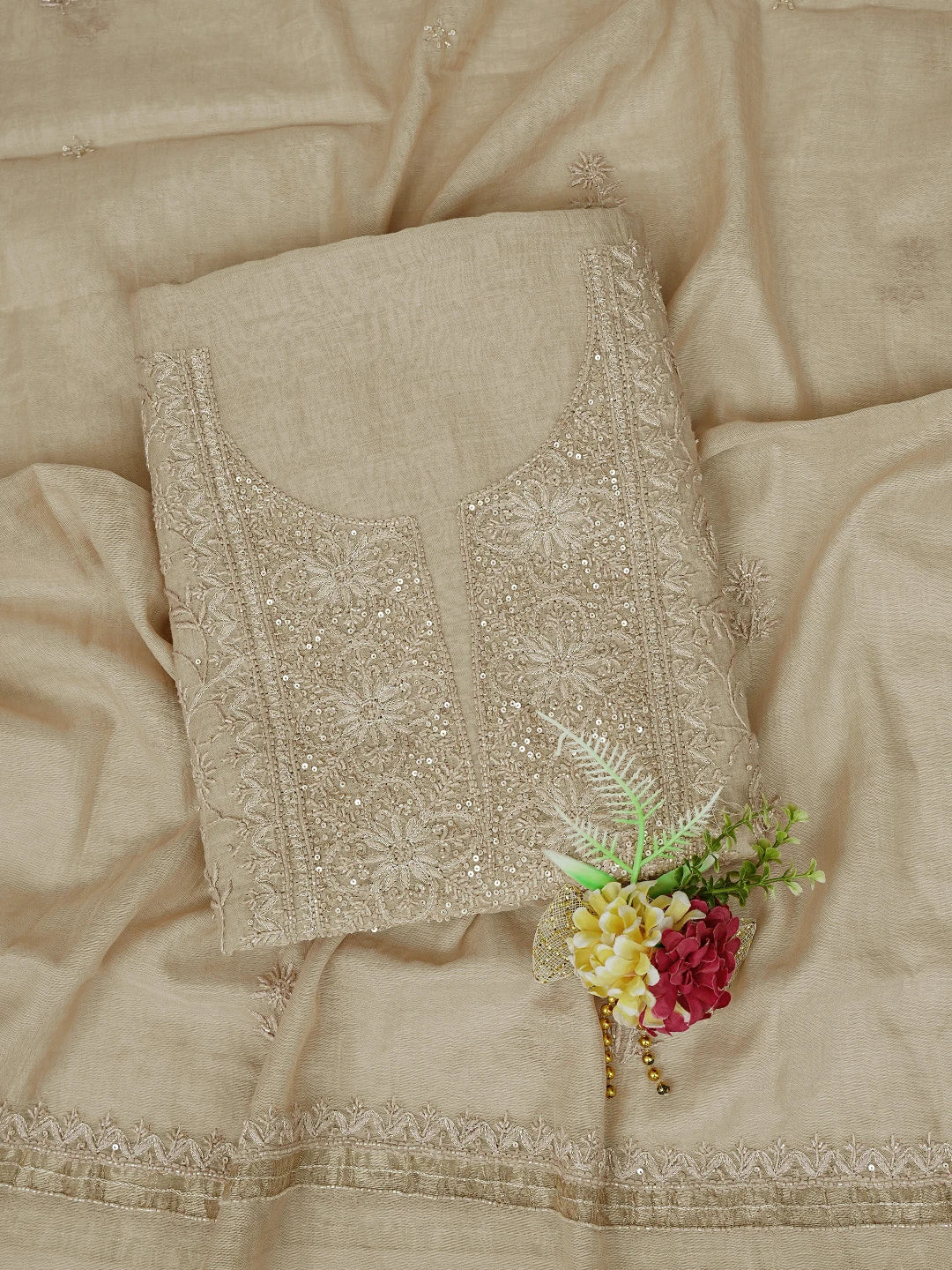 Ada Hand Embroidered Desert Sand Fawn Chanderi Lucknowi Chikankari Unstitched Kurta Dupatta Set With Cutdana Work 01A737925