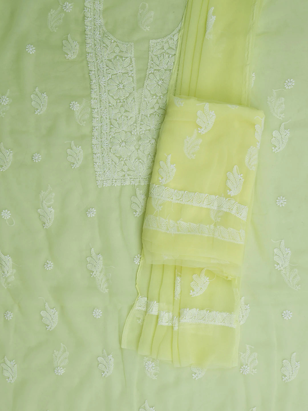 Ada Hand Embroidered Light Lime Green Georgette Lucknowi Chikankari Unstitched Suit Piece 01A791428