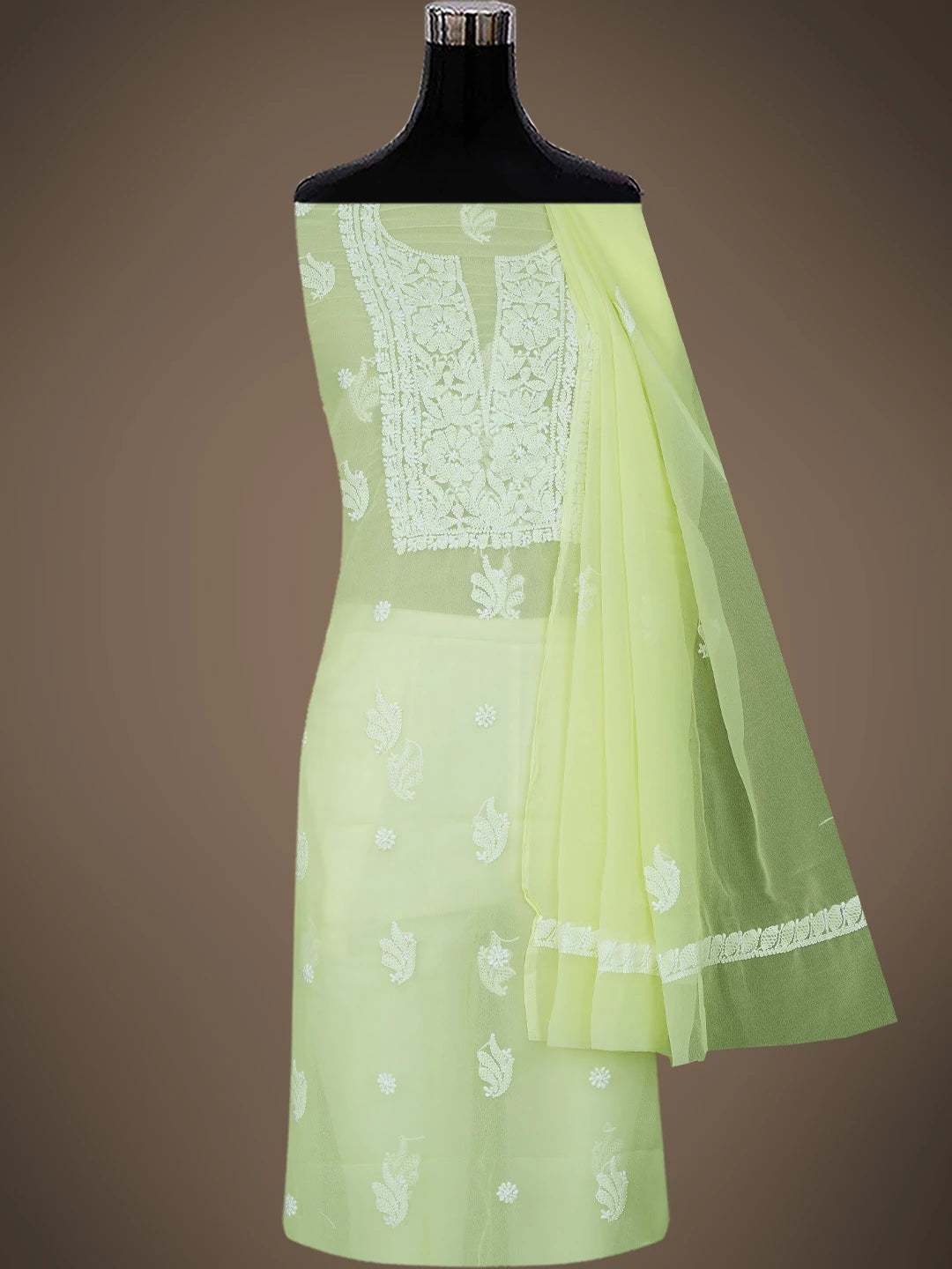 Ada Hand Embroidered Light Lime Green Georgette Lucknowi Chikankari Unstitched Suit Piece 01A791428