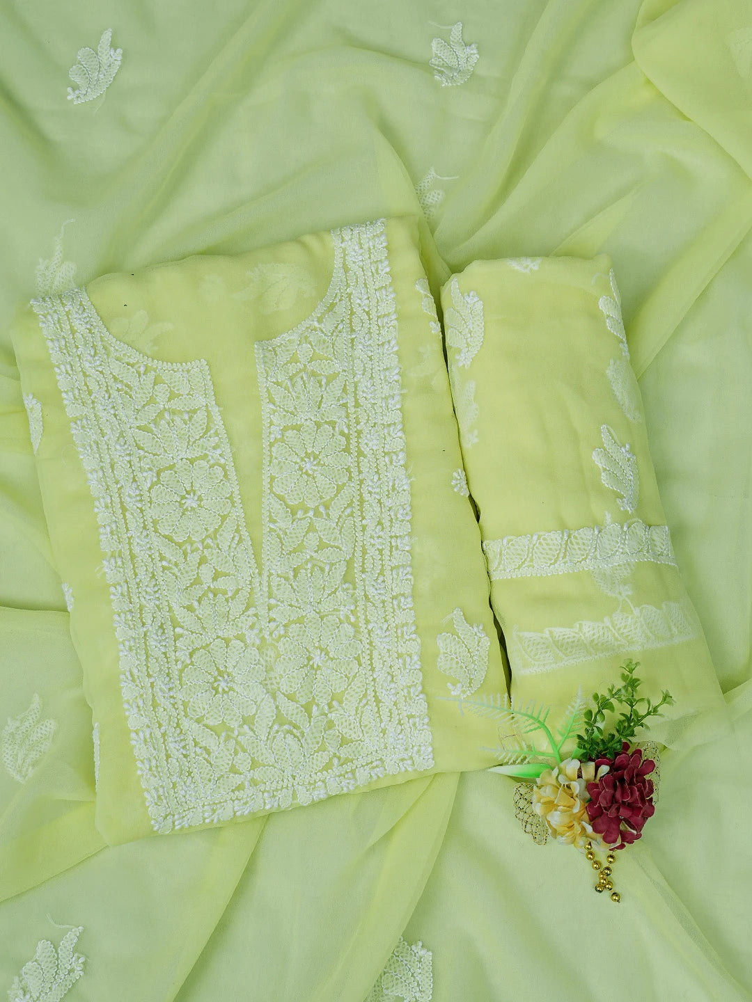 Ada Hand Embroidered Light Lime Green Georgette Lucknowi Chikankari Unstitched Suit Piece 01A791428