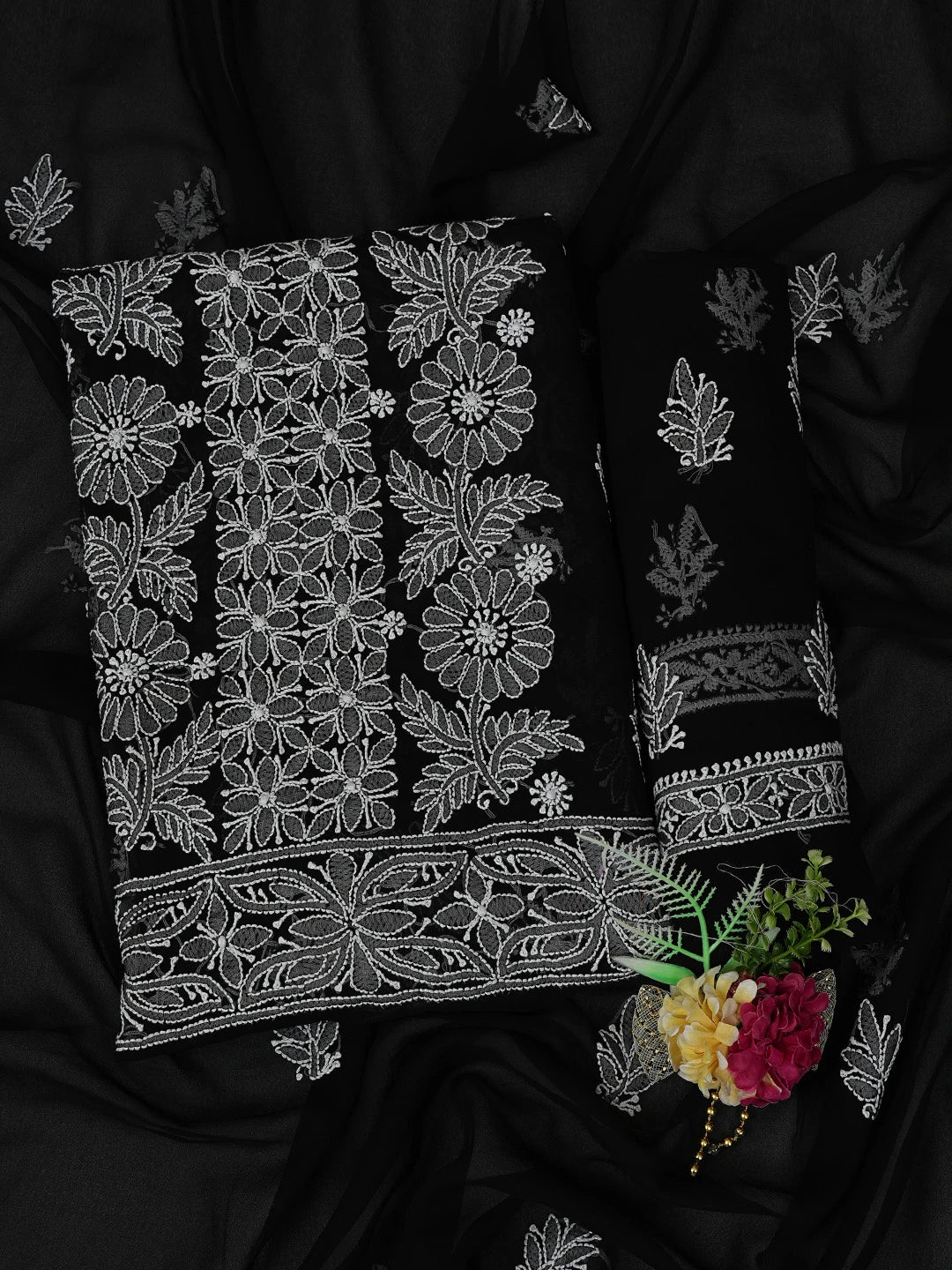 Ada Hand Embroidered Black Georgette Lucknowi Chikankari Unstitched Suit Piece 01A793564