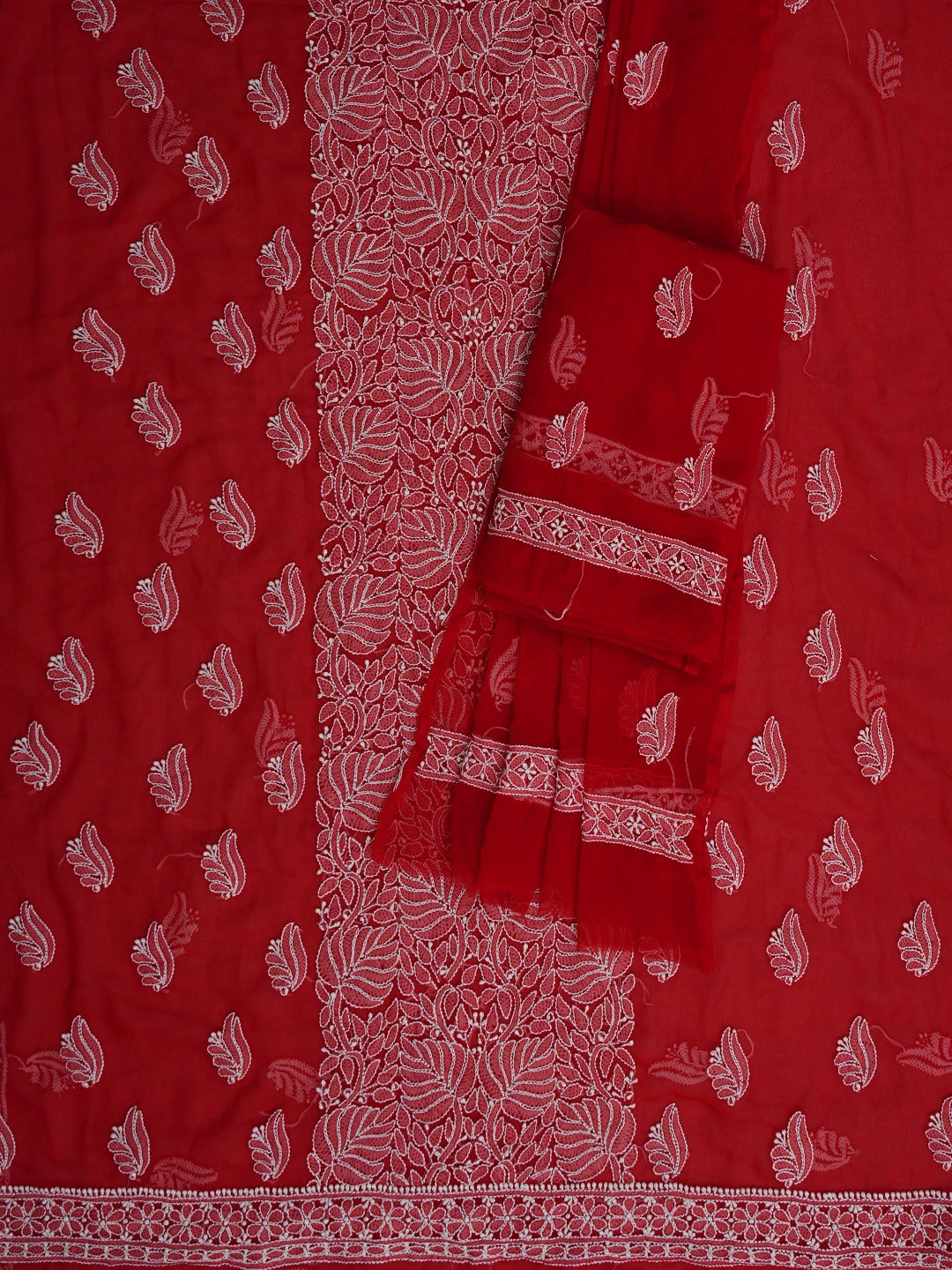 Ada Hand Embroidered Red Georgette Lucknowi Chikankari Unstitched Suit Piece 01A793488