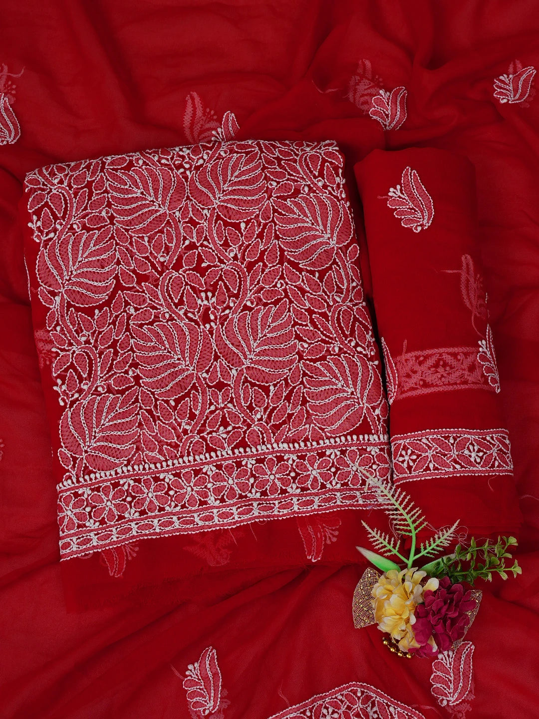 Ada Hand Embroidered Red Georgette Lucknowi Chikankari Unstitched Suit Piece 01A793488