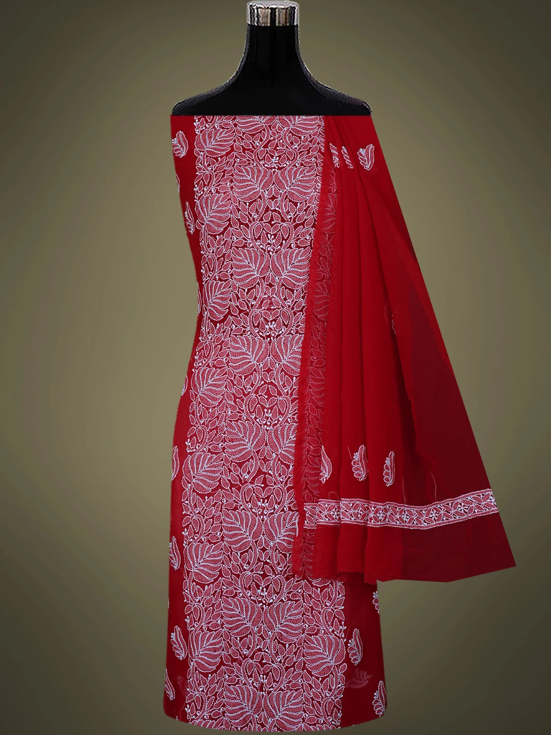 Ada Hand Embroidered Red Georgette Lucknowi Chikankari Unstitched Suit Piece 01A793488