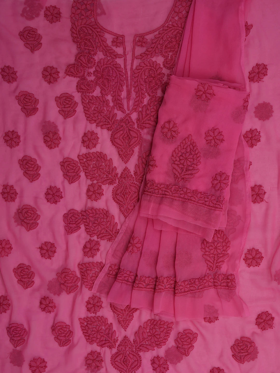 Ada Hand Embroidered Onion Pink Georgette Lucknowi Chikankari Unstitched Suit Piece 01A798272