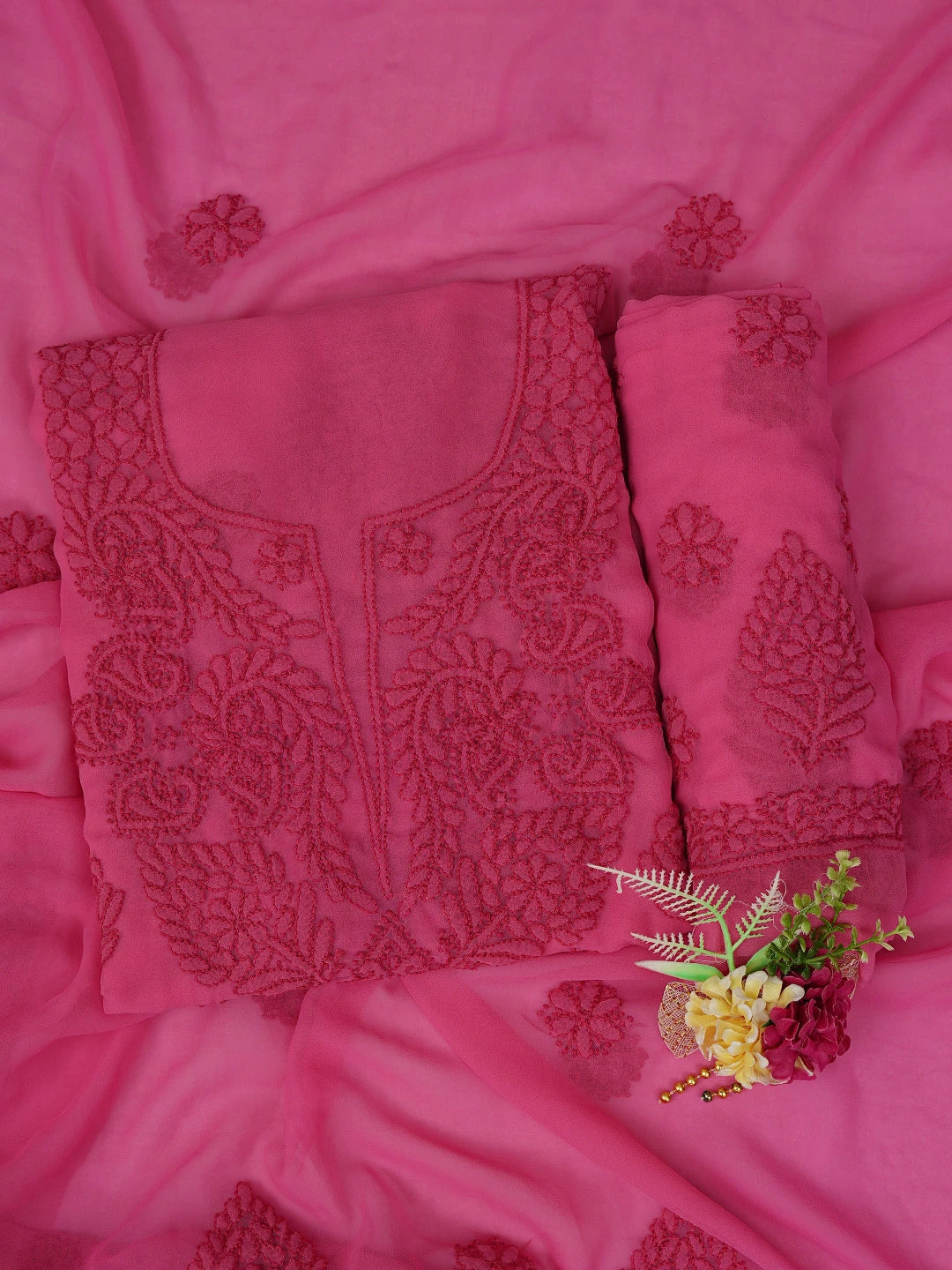 Ada Hand Embroidered Onion Pink Georgette Lucknowi Chikankari Unstitched Suit Piece 01A798272