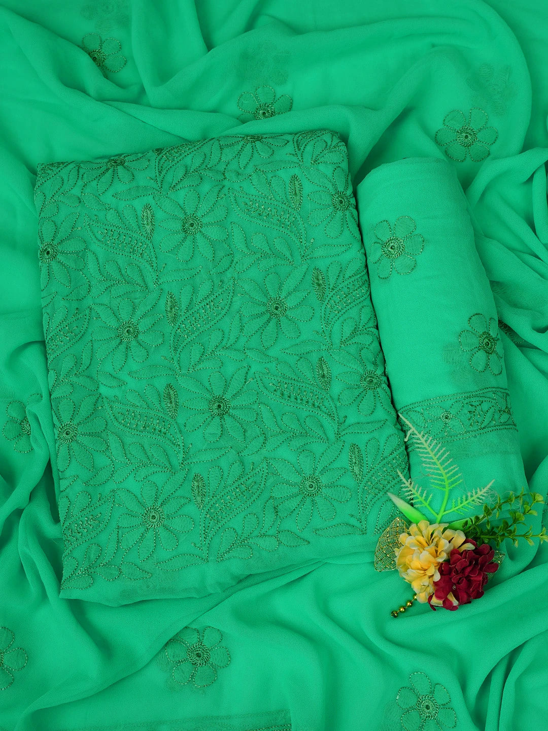 Ada Hand Embroidered Green Georgette Lucknowi Chikankari Unstitched Suit Piece 01A779927