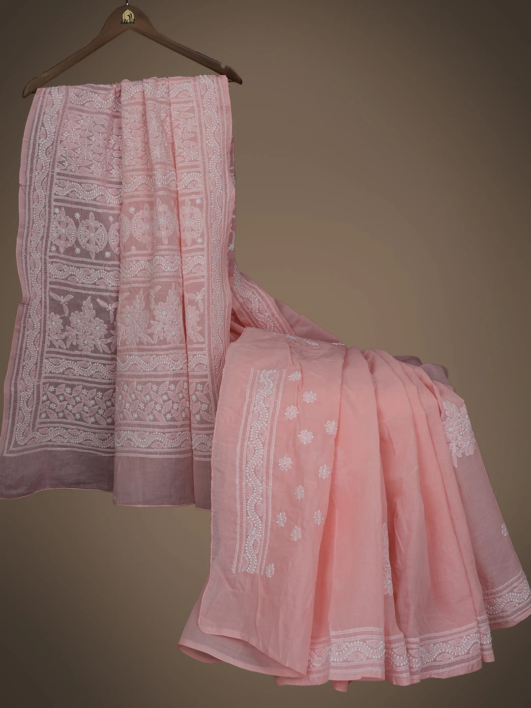 Ada Hand Embroidered Peach Cotton Lucknowi Chikankari Saree With Blouse 01A800127