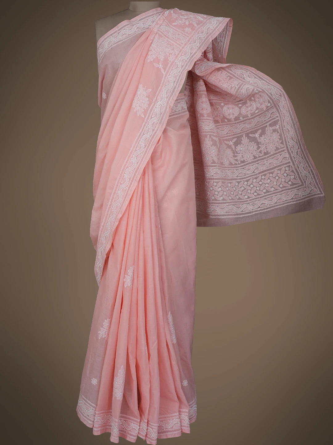 Ada Hand Embroidered Peach Cotton Lucknowi Chikankari Saree With Blouse 01A800127