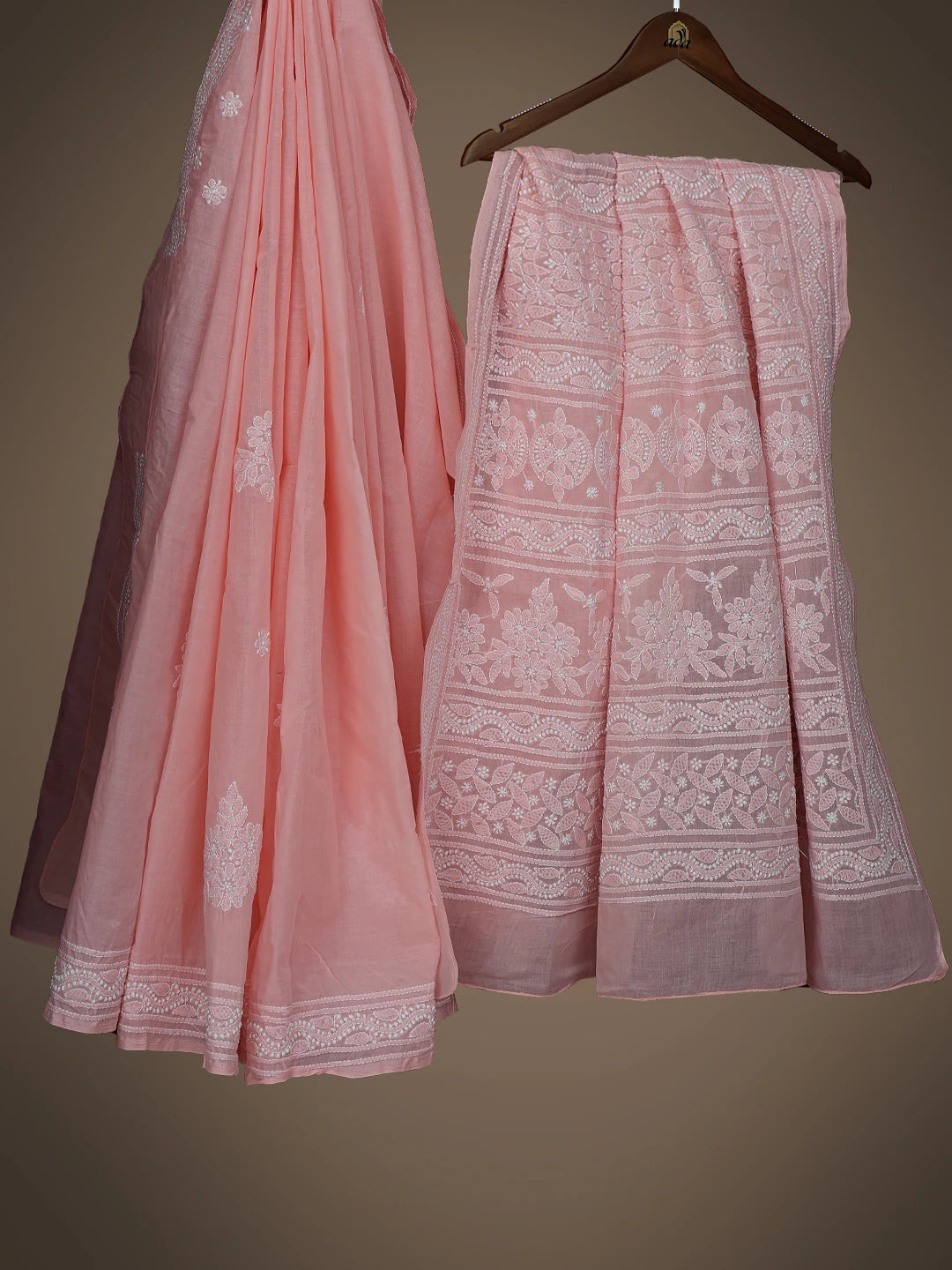 Ada Hand Embroidered Peach Cotton Lucknowi Chikankari Saree With Blouse 01A800127