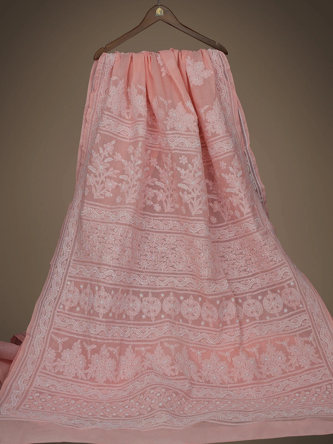 Ada Hand Embroidered Peach Cotton Lucknowi Chikankari Saree With Blouse 01A800127