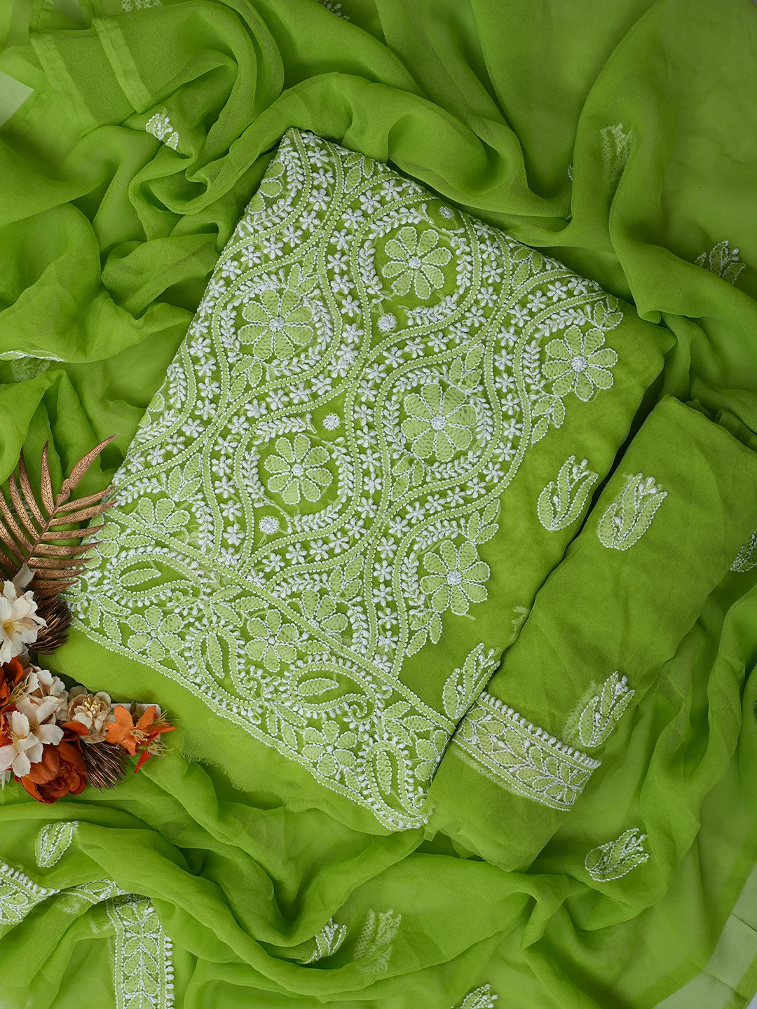 Ada Hand Embroidered Lime Green Georgette Lucknowi Chikankari Unstitched Suit Piece 01A793586