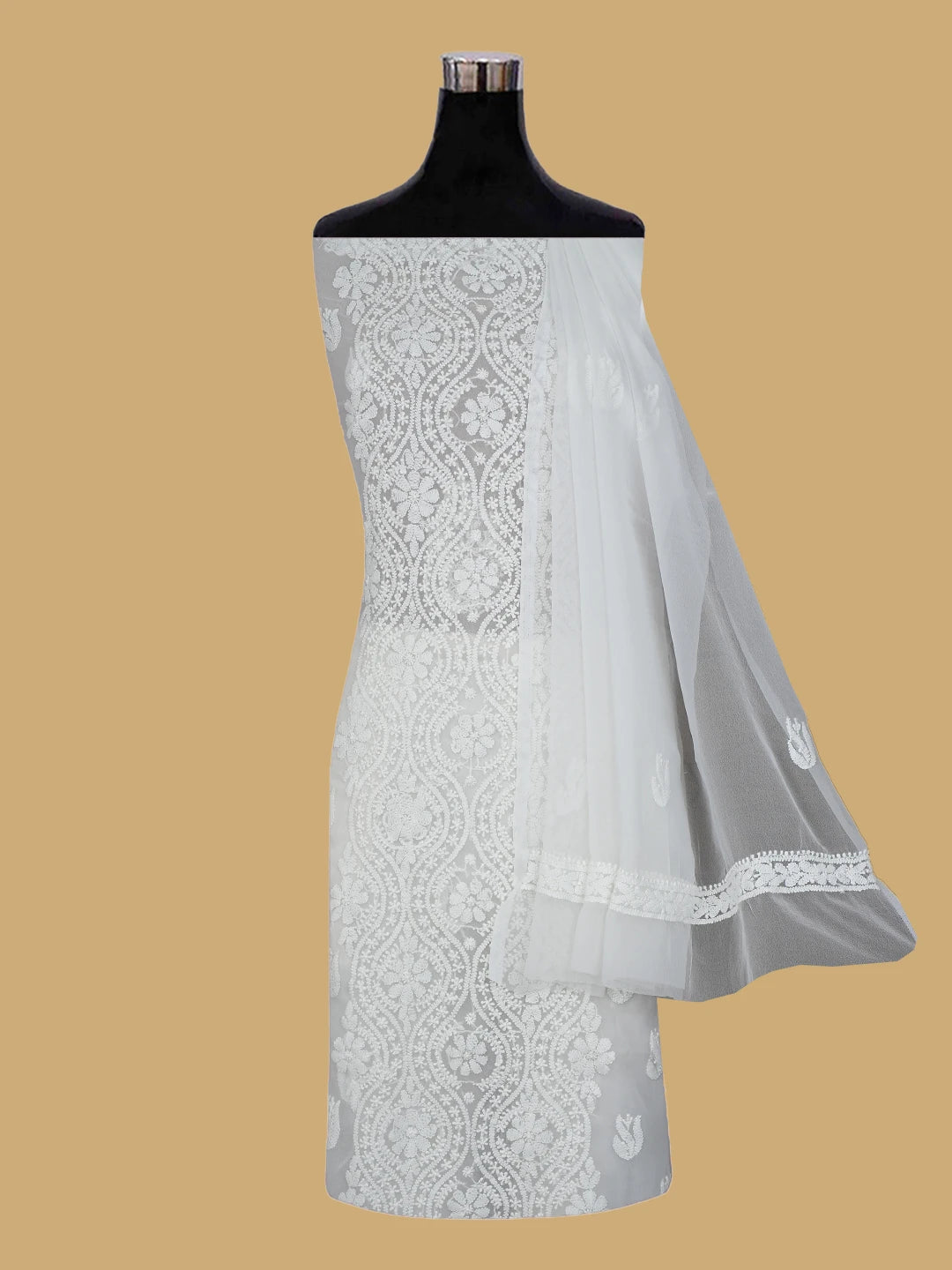 Ada Hand Embroidered White Georgette Lucknowi Chikankari Unstitched Suit Piece 01A793474
