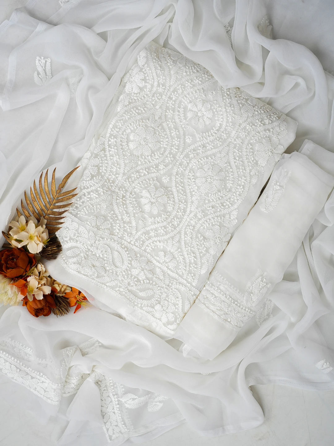 Ada Hand Embroidered White Georgette Lucknowi Chikankari Unstitched Suit Piece 01A793474
