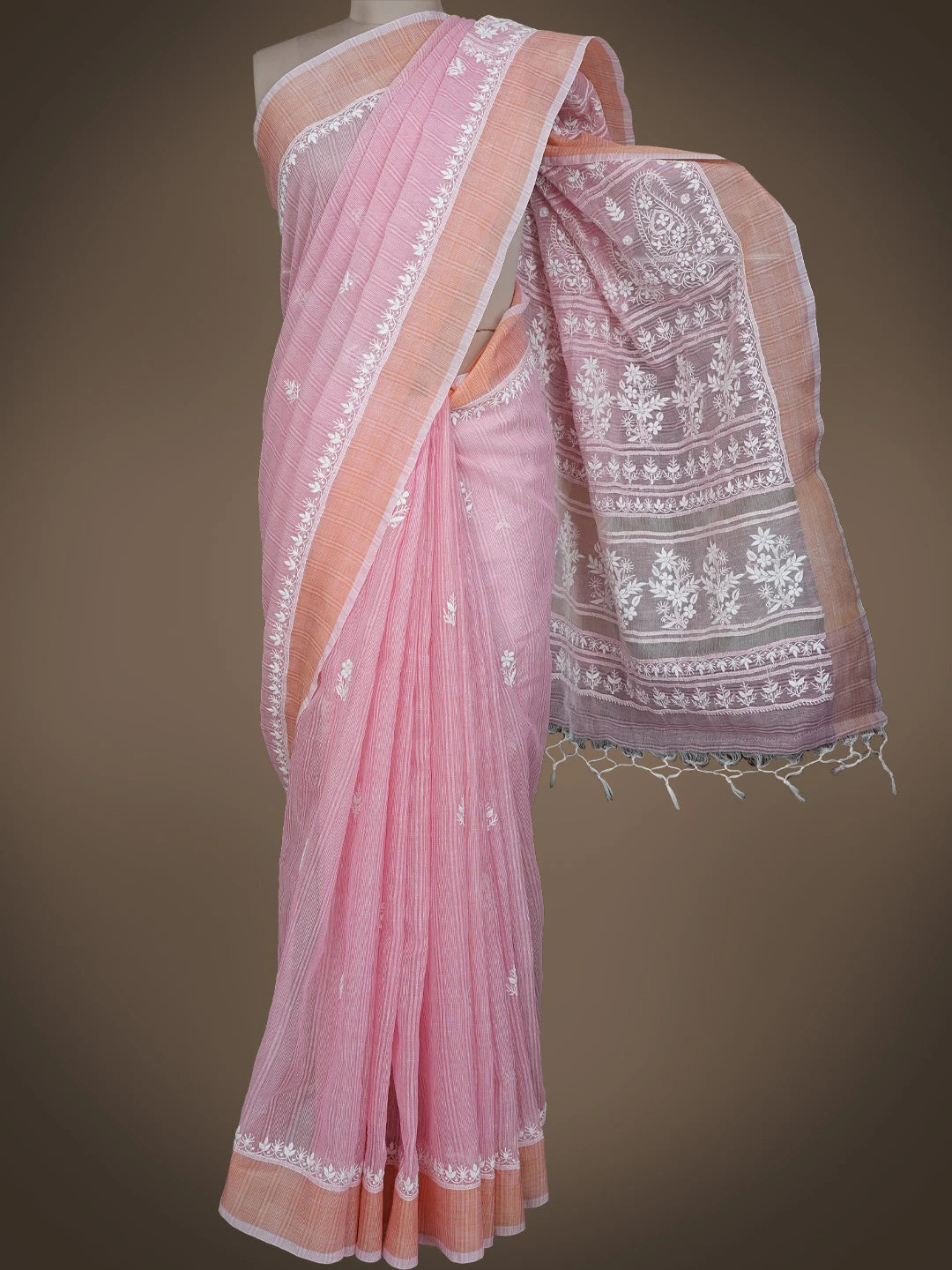 Ada Hand Embroidered Pink Chanderi Lucknowi Chikankari Saree With Blouse 01A785680