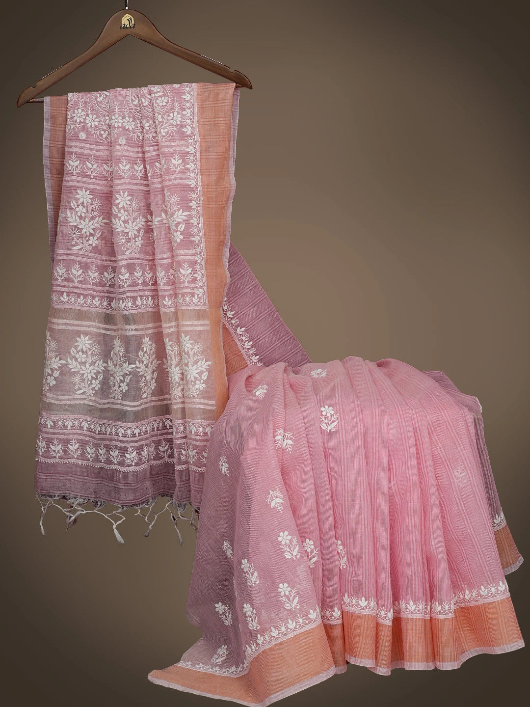 Ada Hand Embroidered Pink Chanderi Lucknowi Chikankari Saree With Blouse 01A785680