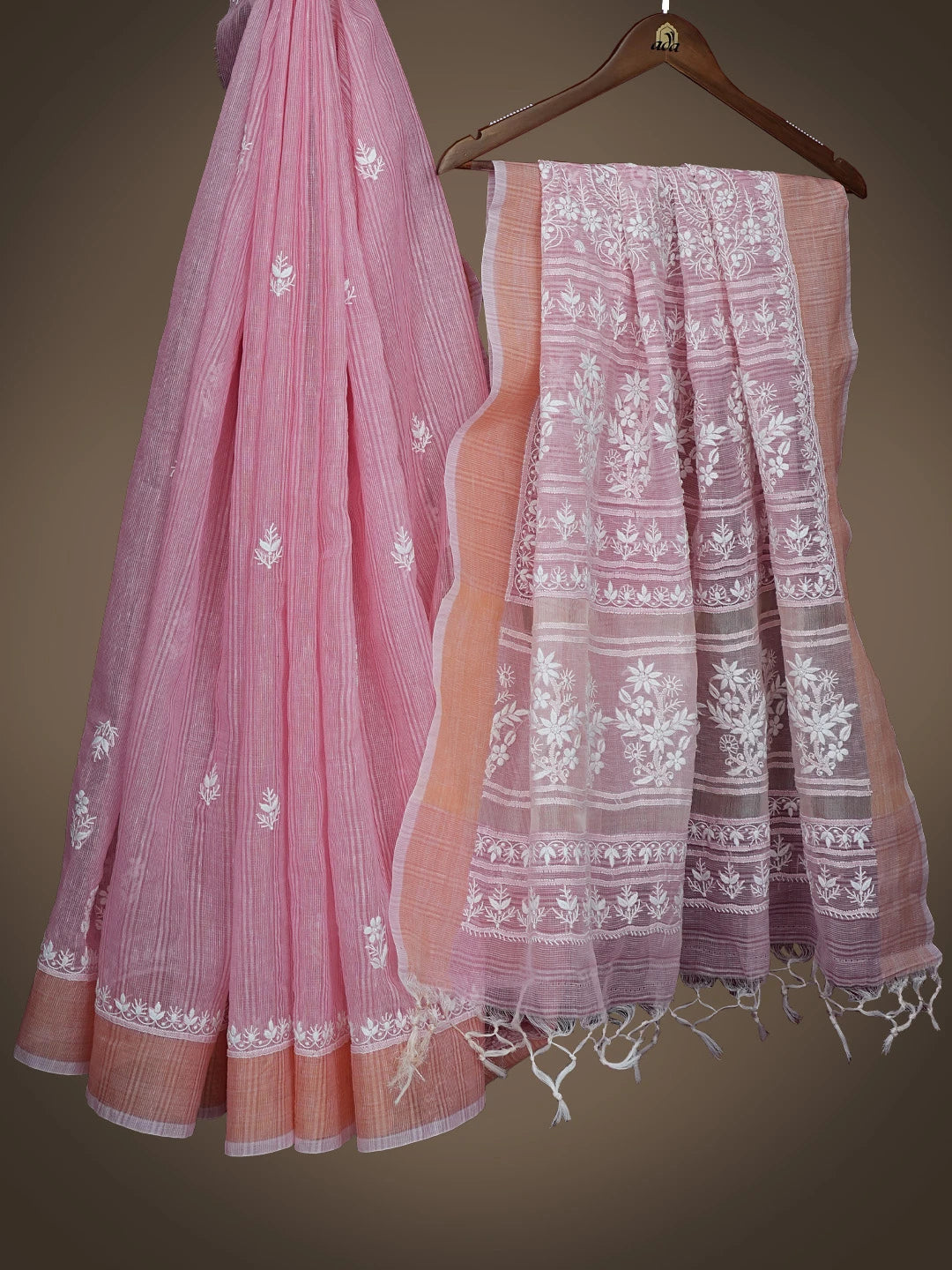 Ada Hand Embroidered Pink Chanderi Lucknowi Chikankari Saree With Blouse 01A785680