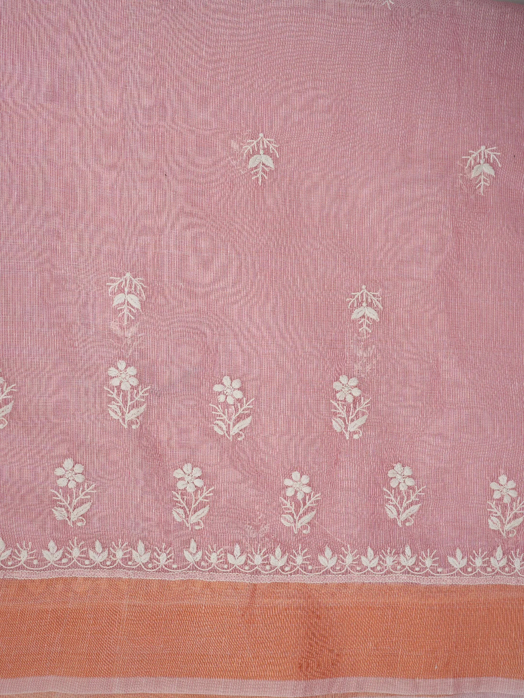 Ada Hand Embroidered Pink Chanderi Lucknowi Chikankari Saree With Blouse 01A785680