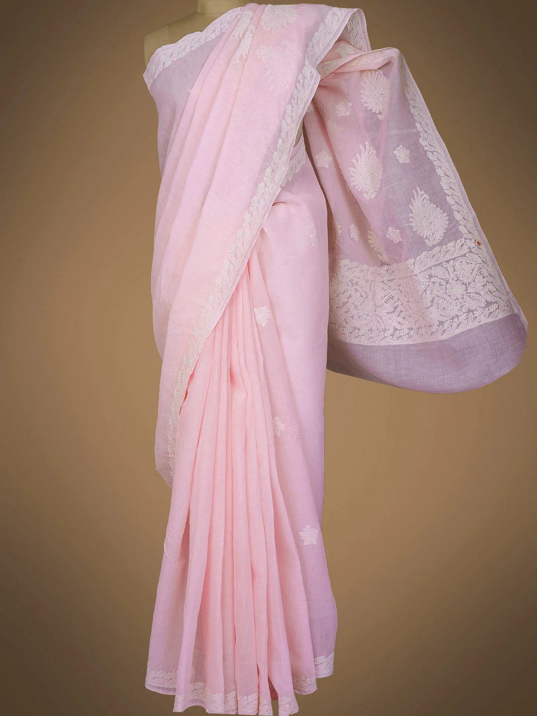 Ada Hand Embroidered Pink Cotton Lucknowi Chikankari Saree With Blouse 01A777386