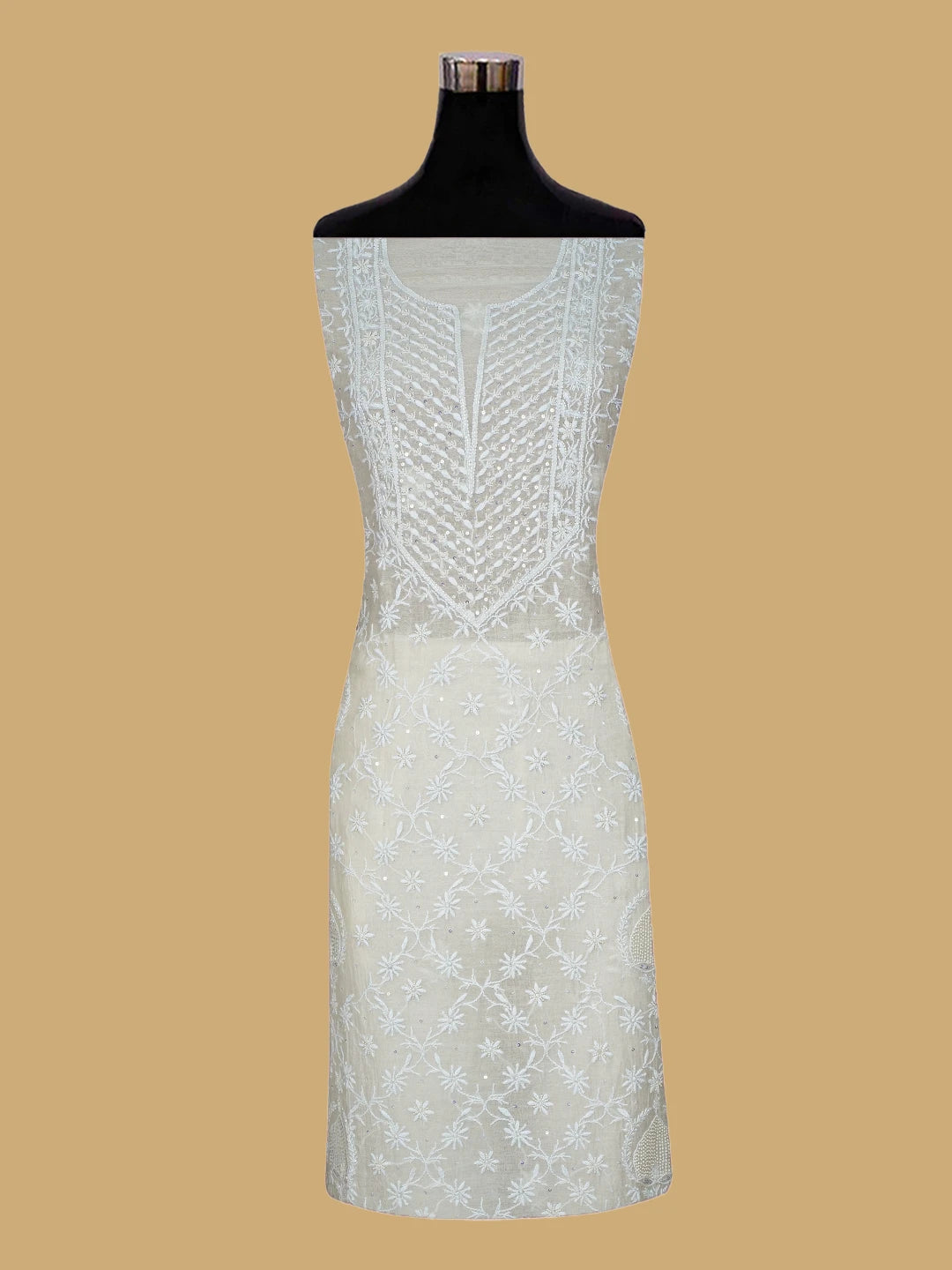 Ada Hand Embroidered White Chanderi Lucknowi Chikankari Unstitched Kurta Dupatta Set With Cutdana Work 01A800040