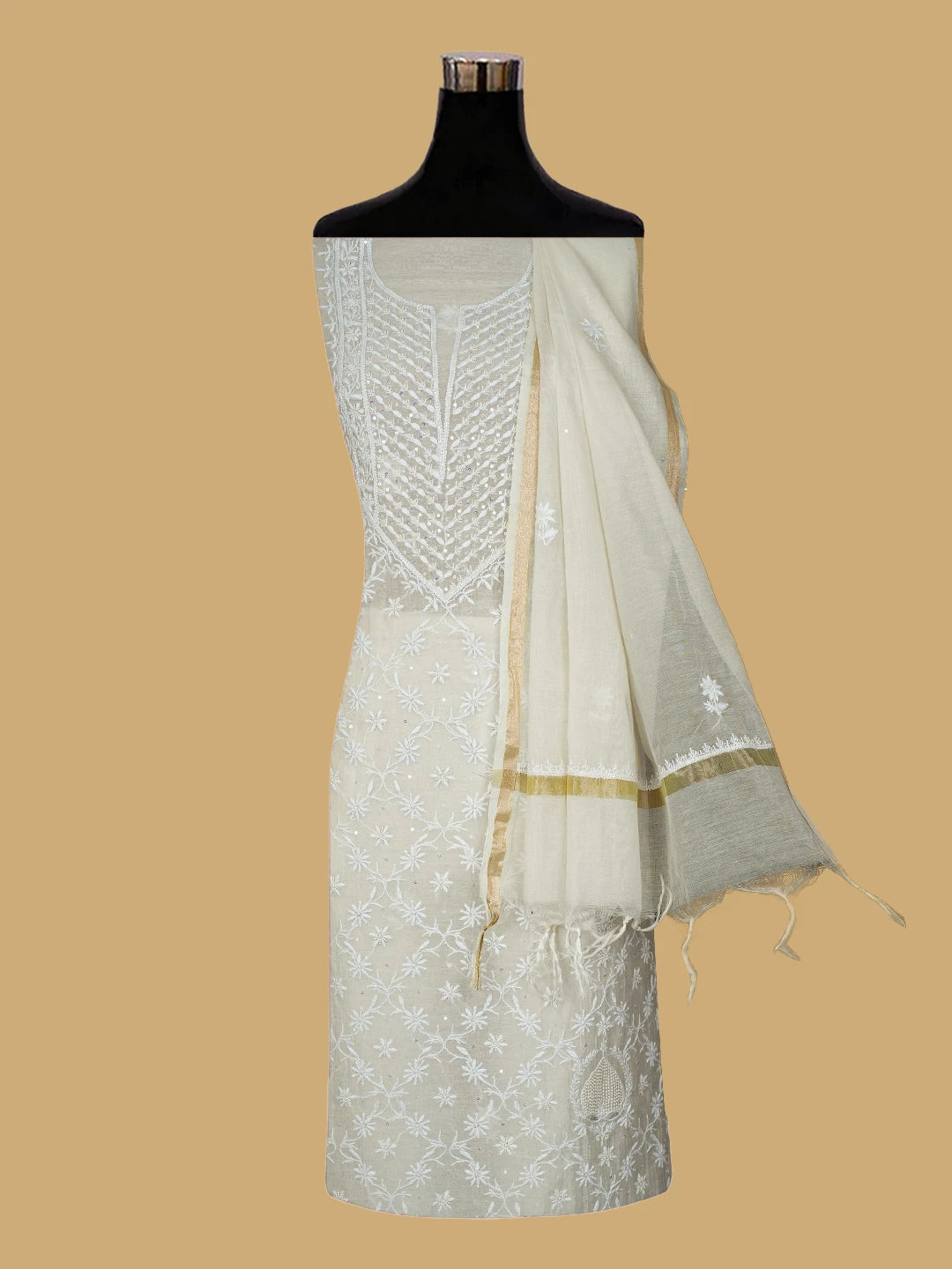Ada Hand Embroidered White Chanderi Lucknowi Chikankari Unstitched Kurta Dupatta Set With Cutdana Work 01A800040