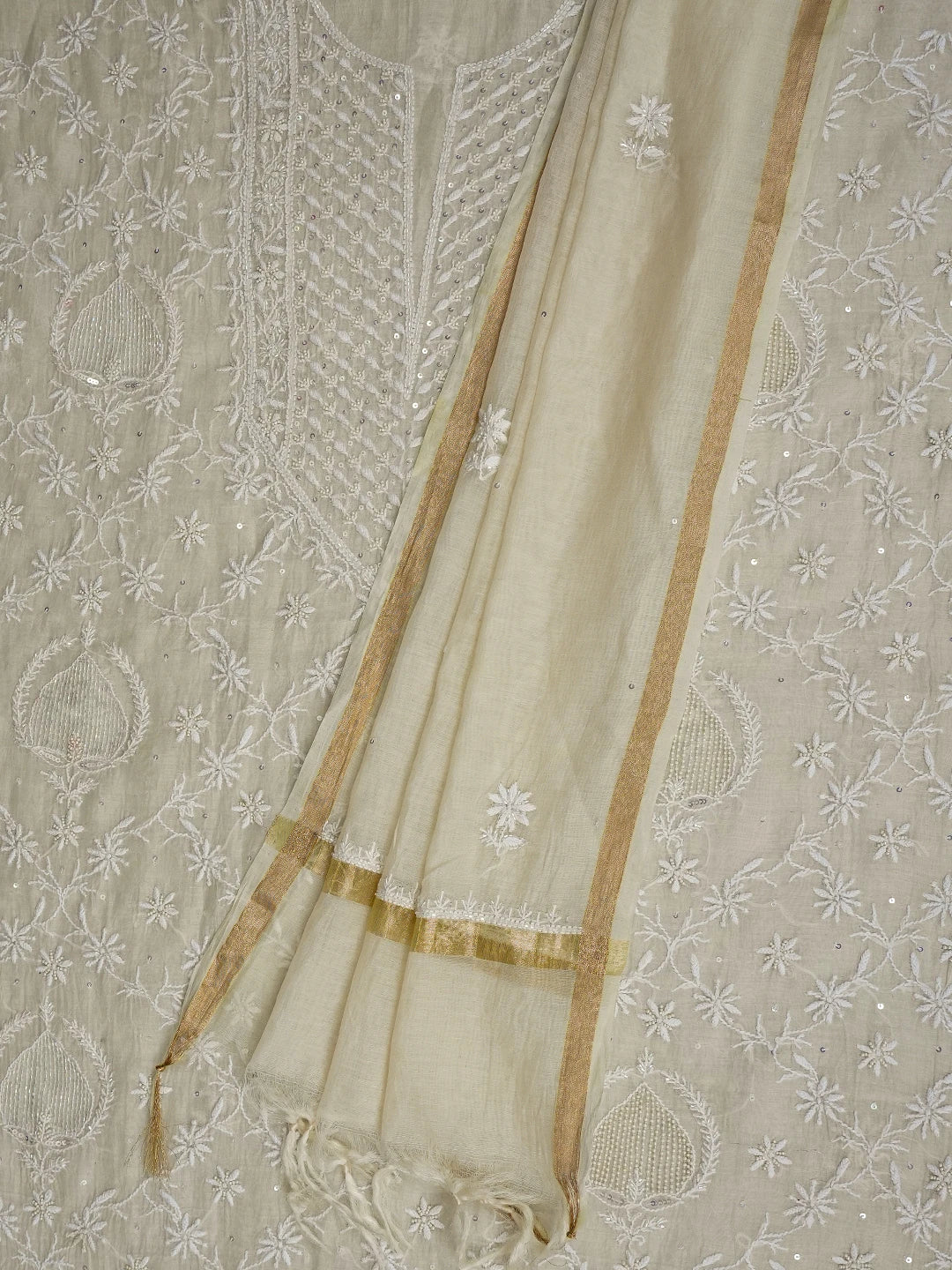Ada Hand Embroidered White Chanderi Lucknowi Chikankari Unstitched Kurta Dupatta Set With Cutdana Work 01A800040