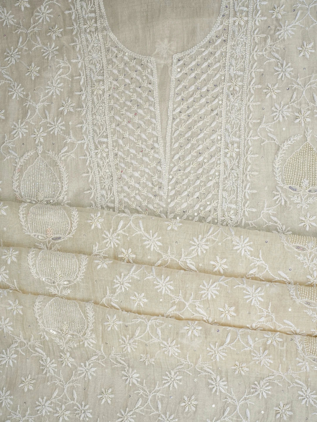 Ada Hand Embroidered White Chanderi Lucknowi Chikankari Unstitched Kurta Dupatta Set With Cutdana Work 01A800040