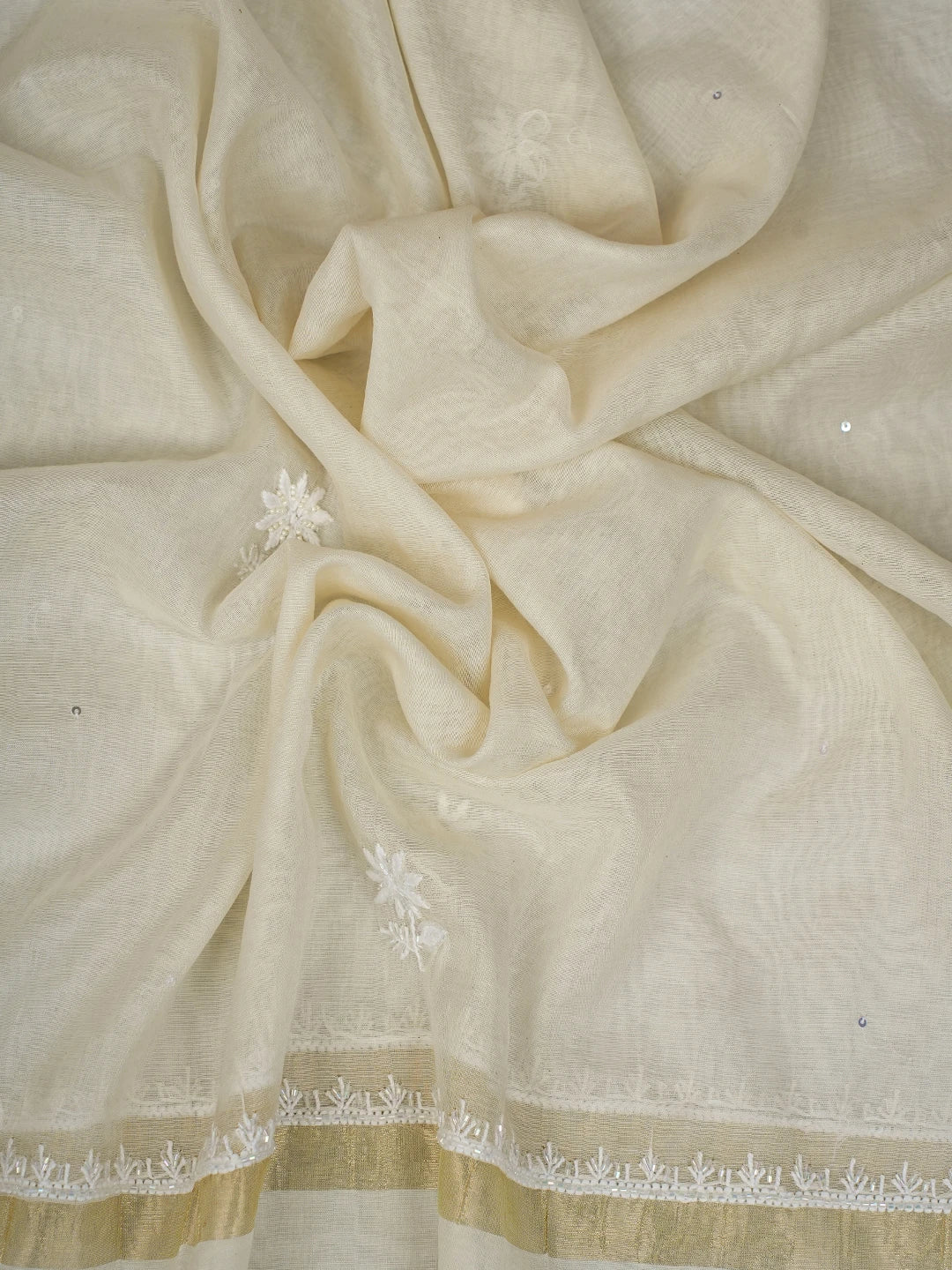 Ada Hand Embroidered White Chanderi Lucknowi Chikankari Unstitched Kurta Dupatta Set With Cutdana Work 01A800040