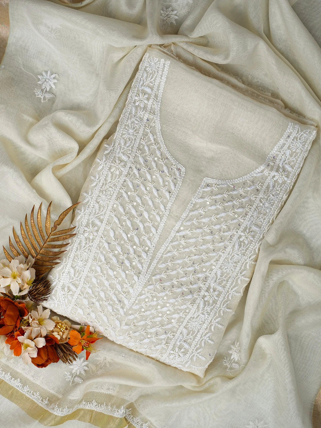 Ada Hand Embroidered White Chanderi Lucknowi Chikankari Unstitched Kurta Dupatta Set With Cutdana Work 01A800040