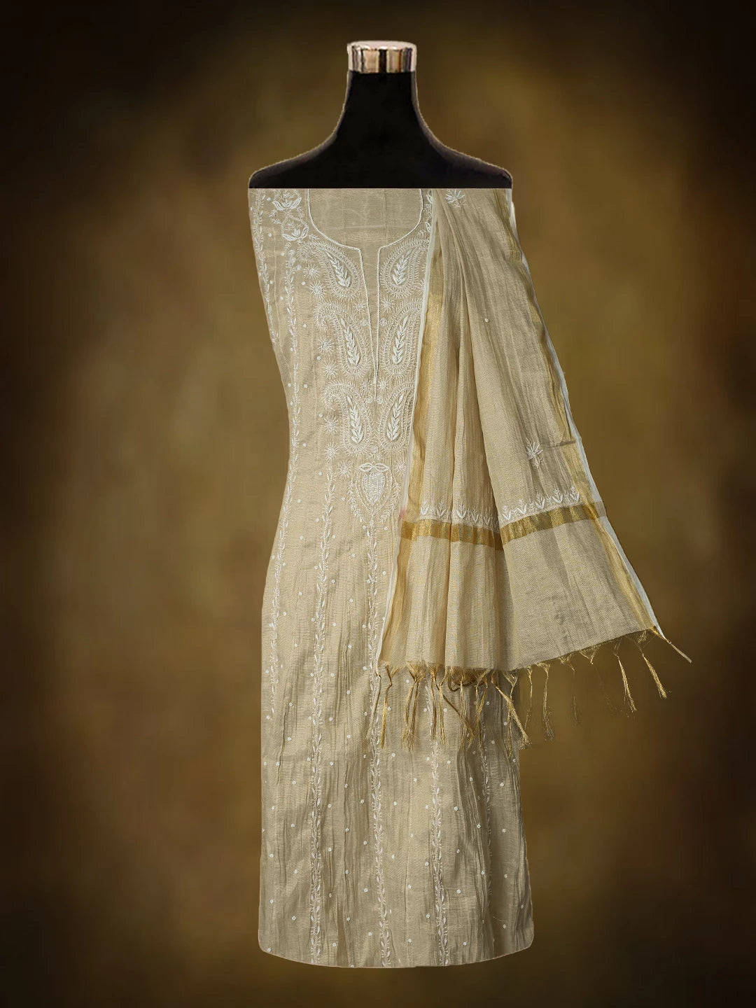 Ada Hand Embroidered Fawn Tissue Lucknowi Chikankari Semi-Stitched Anarkali Kurta Dupatta Set With Cutdana Work 01A799981